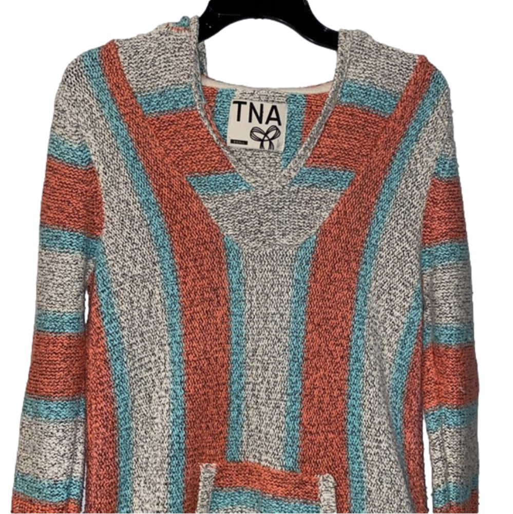 TNA Striped V-Neck Sweater in Rust, Teal & Cream